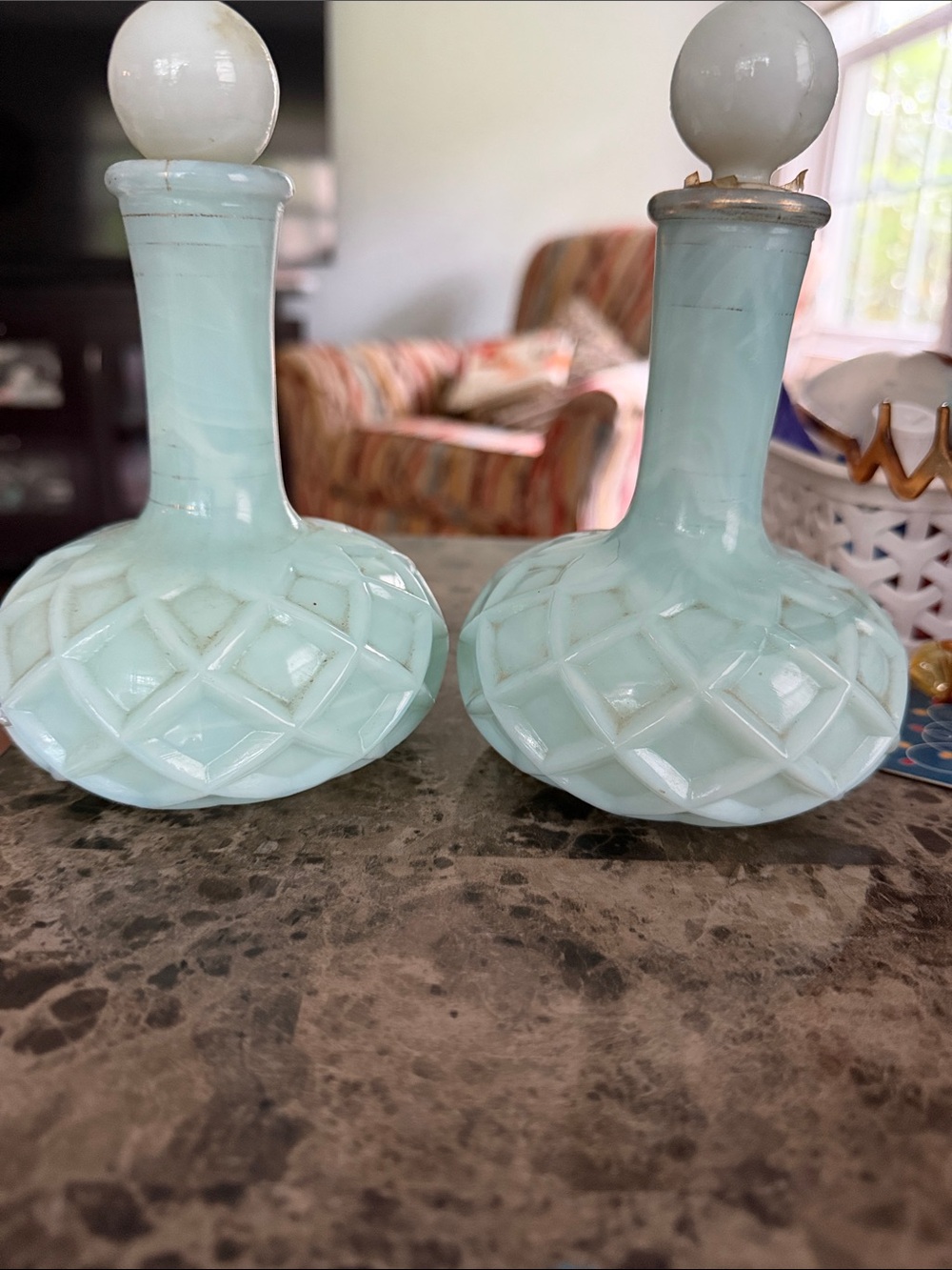 Vintage mid-century Anchor Hocking sea foam green glass vanity bottles.